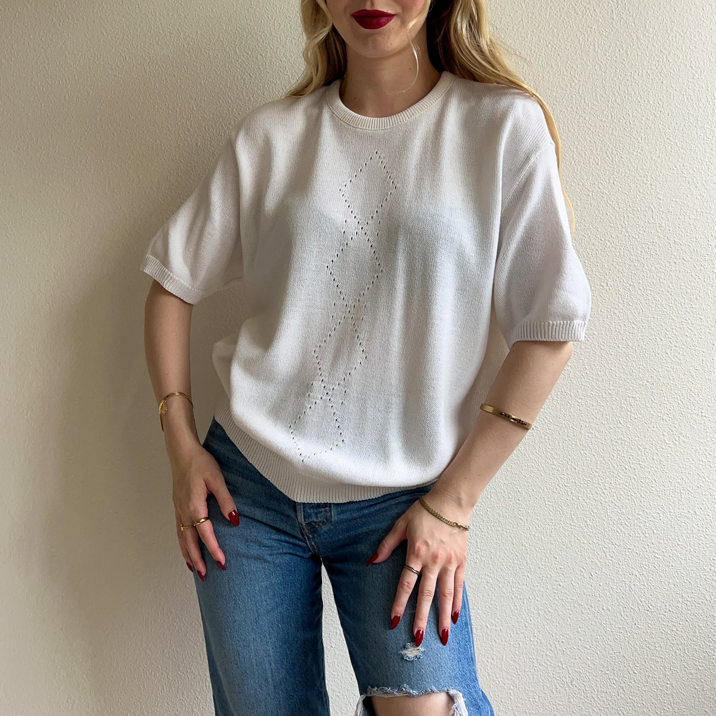 1980s White Short Sleeve Sweater (L/XL)