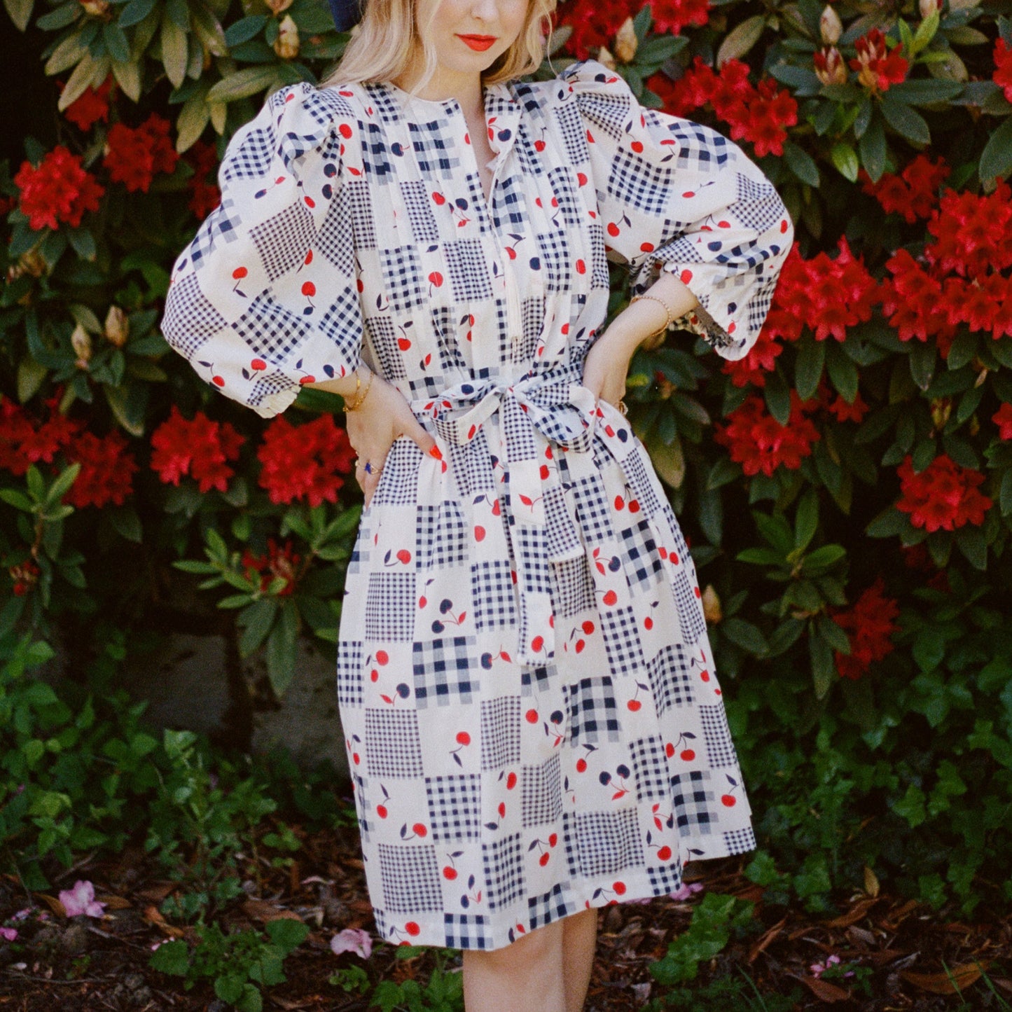 1980s Blue Gingham Summer Dress With Cherries (M/L)