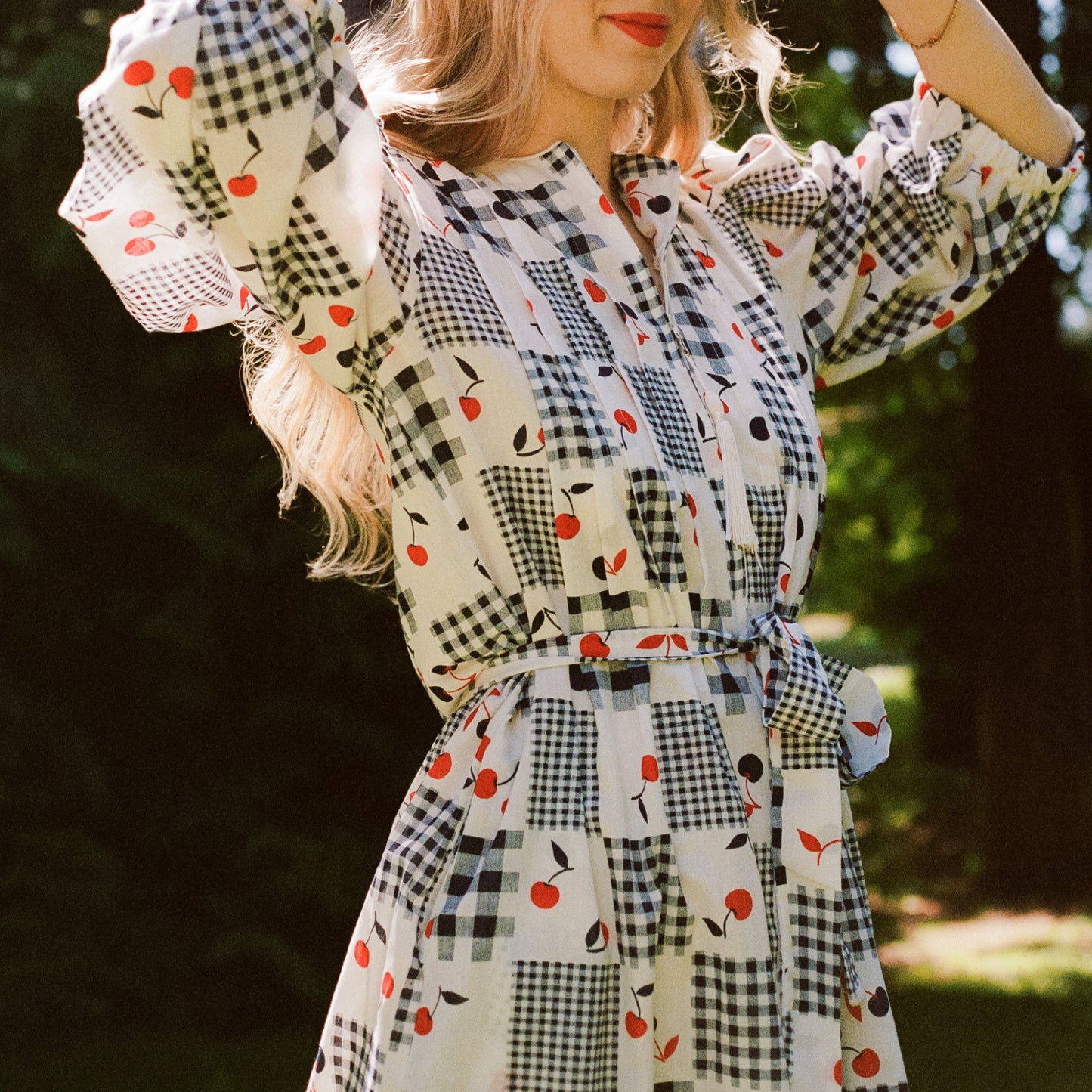 1980s Blue Gingham Summer Dress With Cherries (M/L)