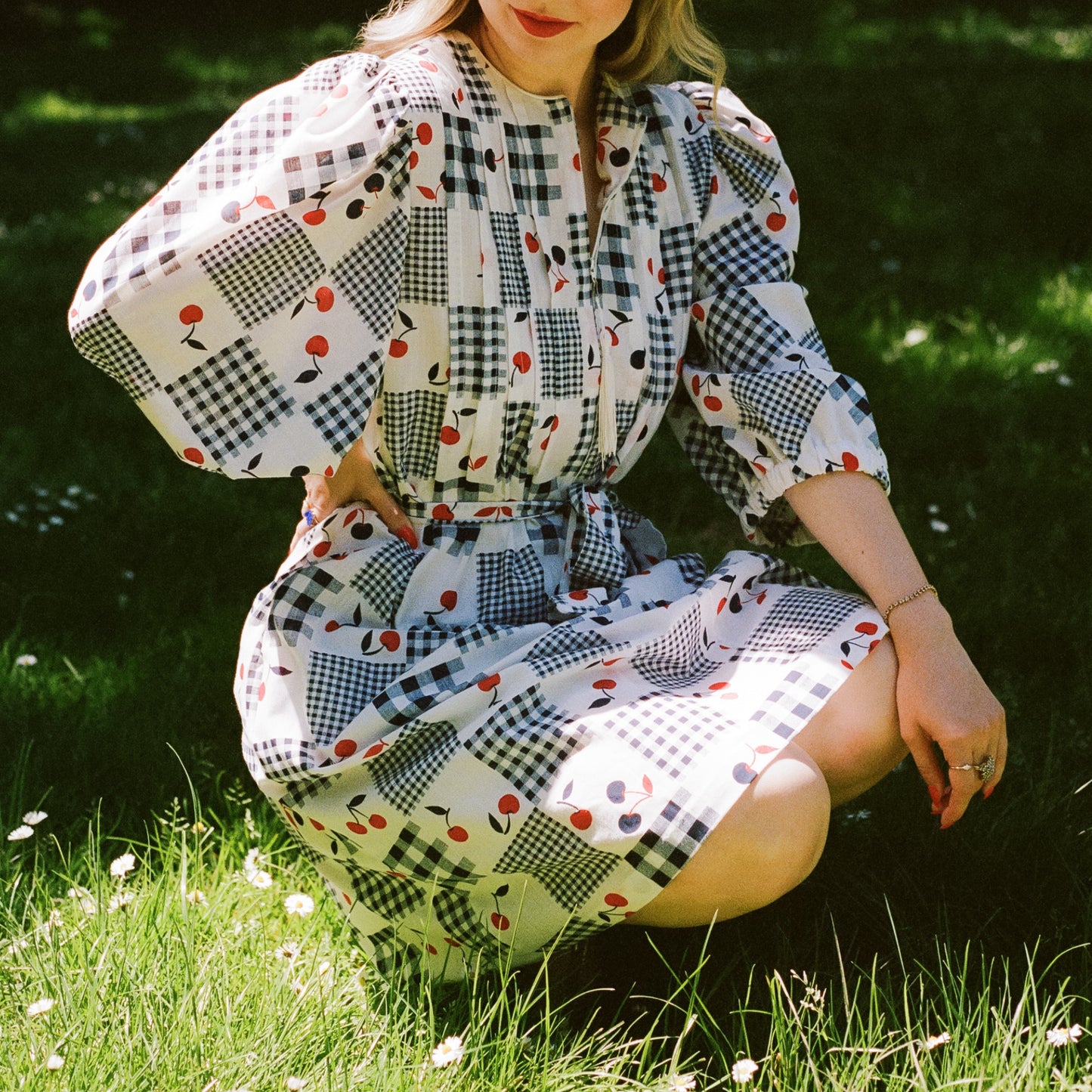 1980s Blue Gingham Summer Dress With Cherries (M/L)