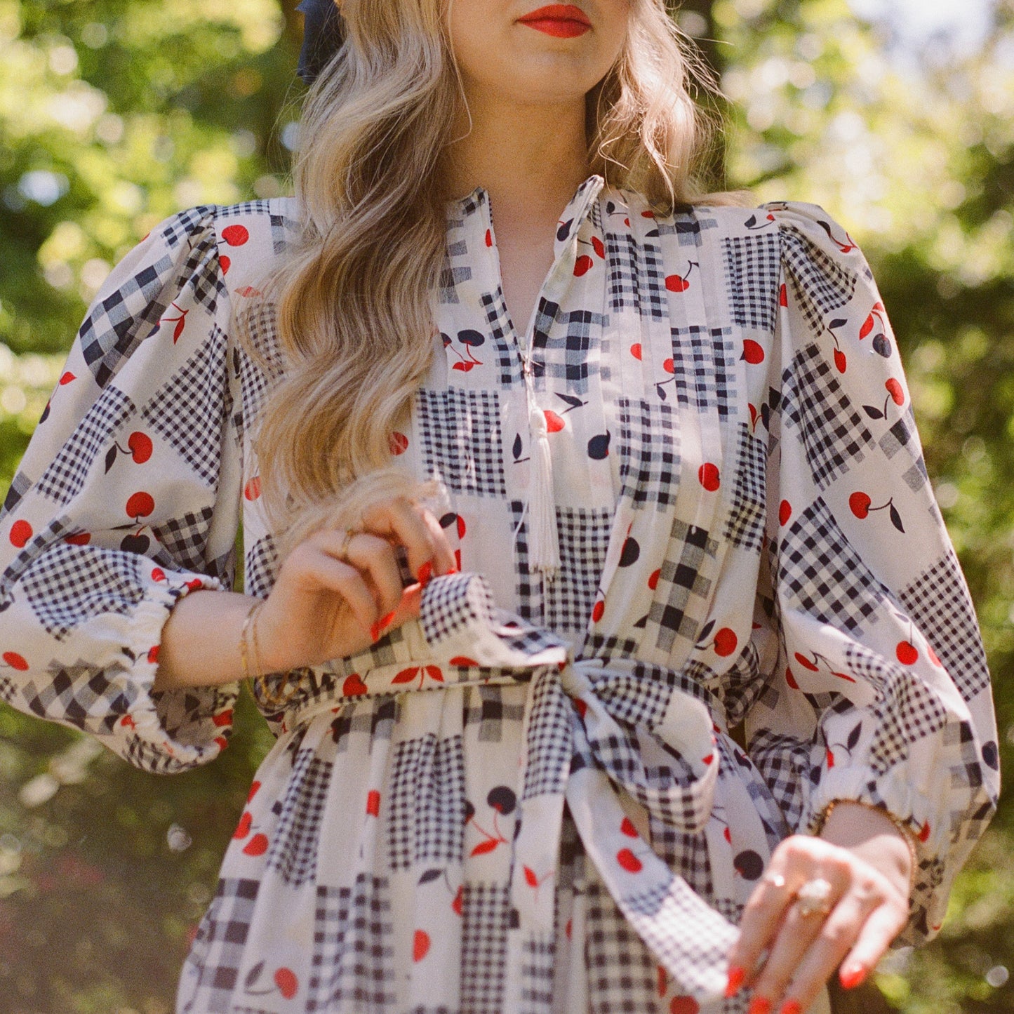 1980s Blue Gingham Summer Dress With Cherries (M/L)