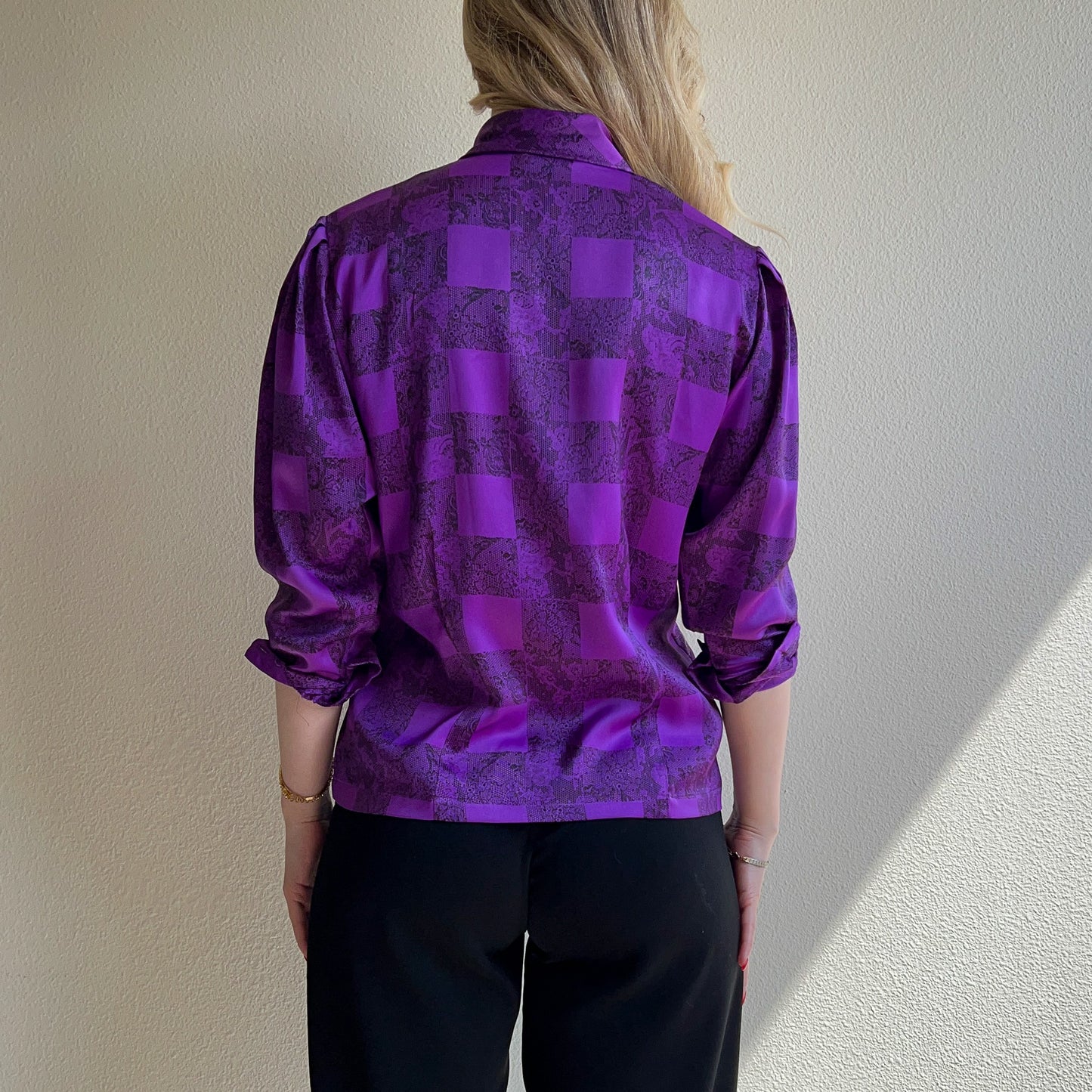 1990s Balmain Purple and Black Satin Blouse (S/M)