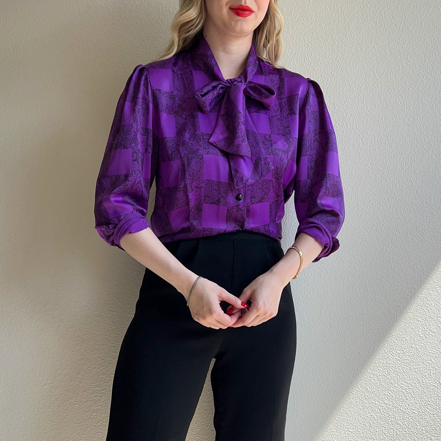 1990s Balmain Purple and Black Satin Blouse (S/M)