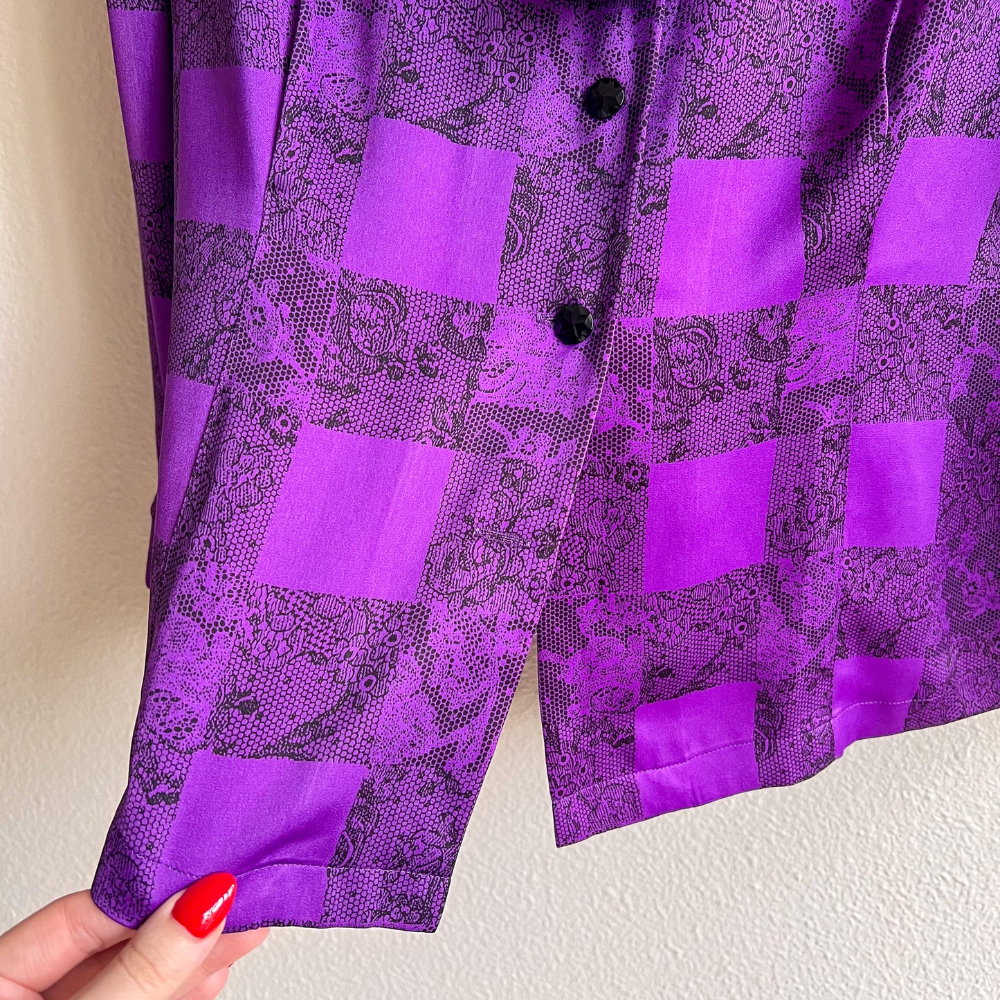 1990s Balmain Purple and Black Satin Blouse (S/M)