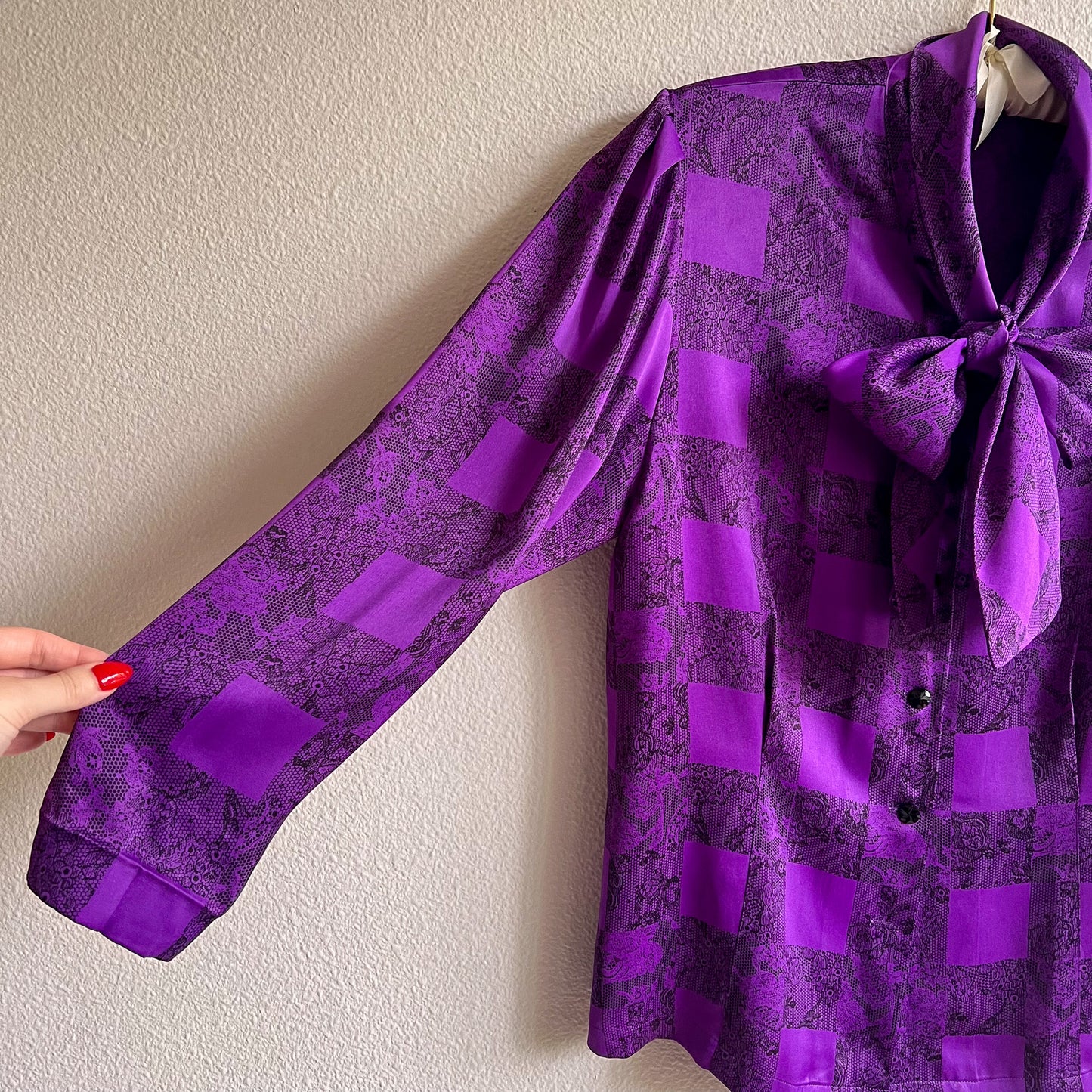 1990s Balmain Purple and Black Satin Blouse (S/M)