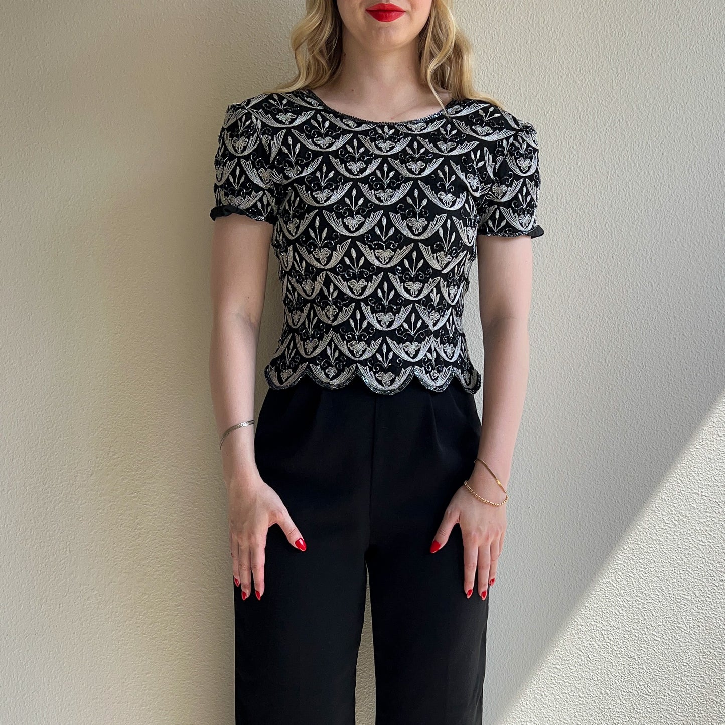1990s Black Scalloped Blouse With Silver Embroidery (S)