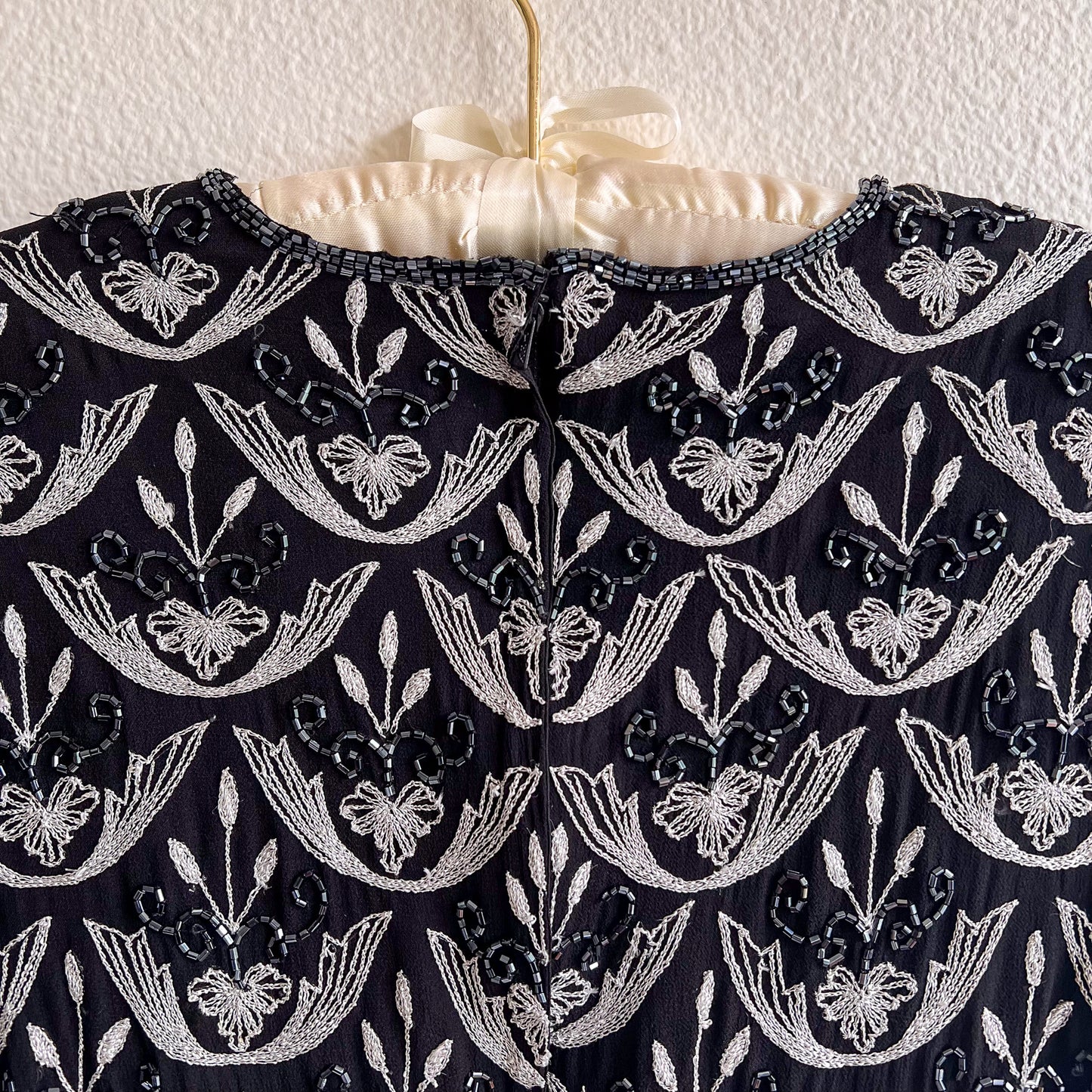 1990s Black Scalloped Blouse With Silver Embroidery (S)