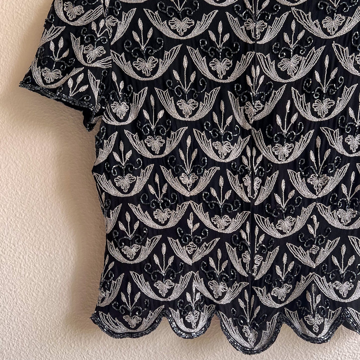 1990s Black Scalloped Blouse With Silver Embroidery (S)