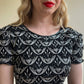 1990s Black Scalloped Blouse With Silver Embroidery (S)