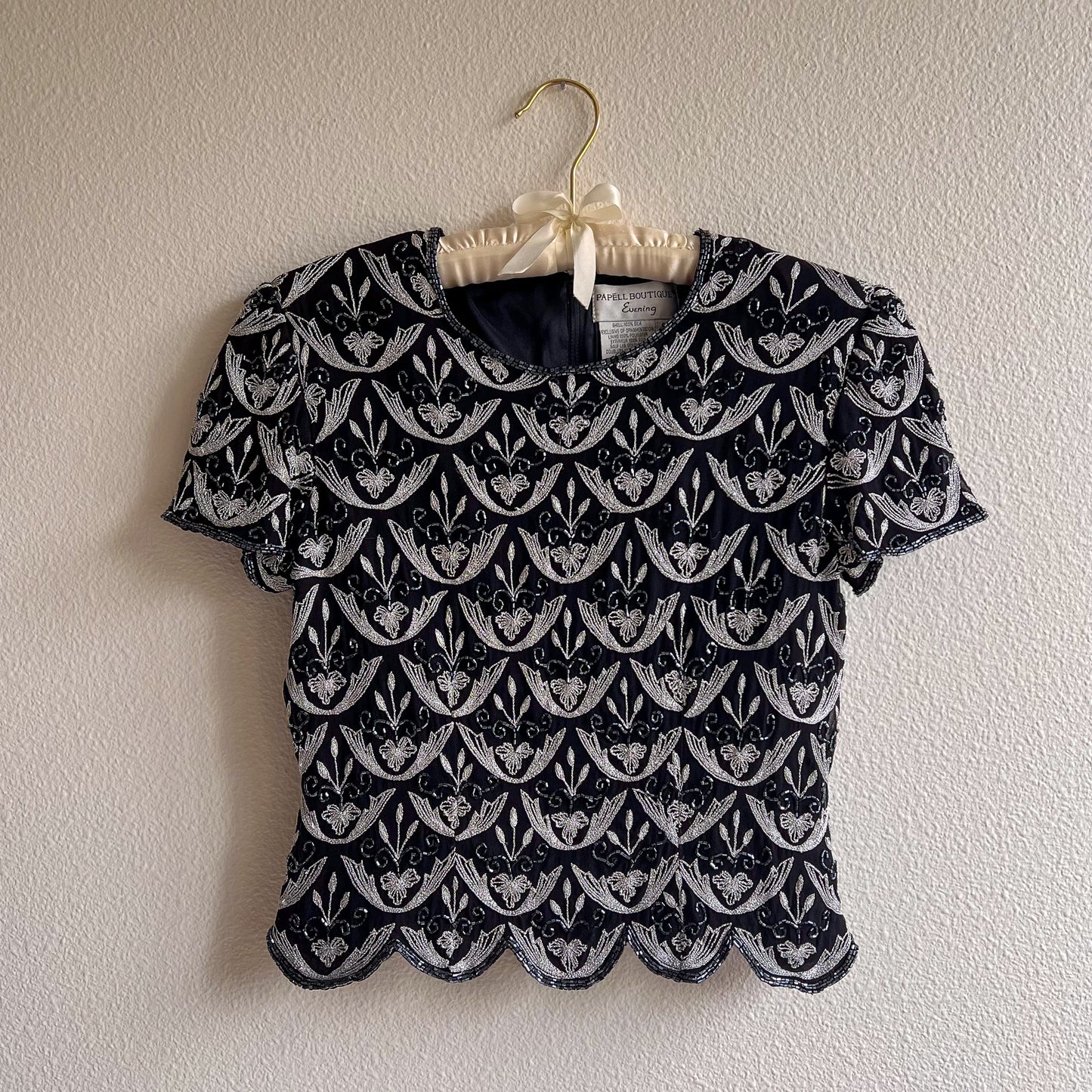1990s Black Scalloped Blouse With Silver Embroidery (S)
