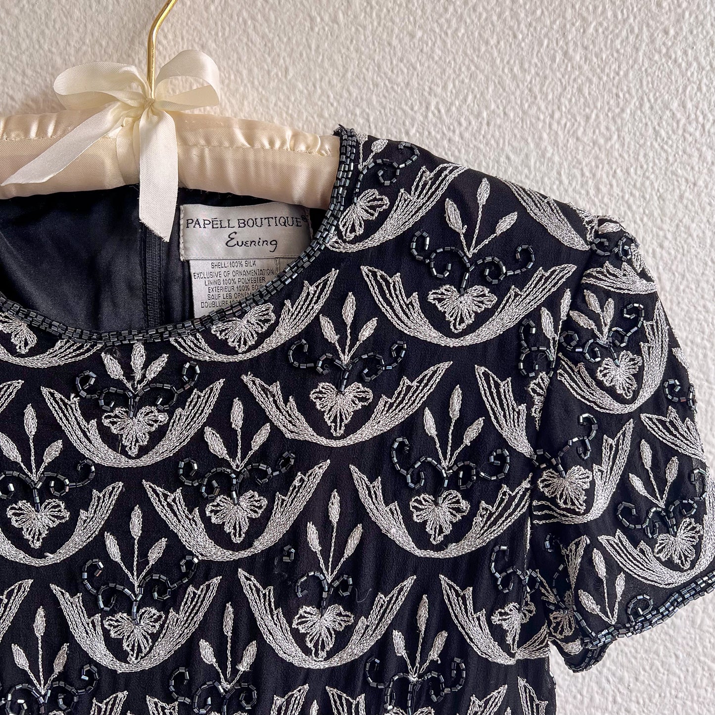 1990s Black Scalloped Blouse With Silver Embroidery (S)