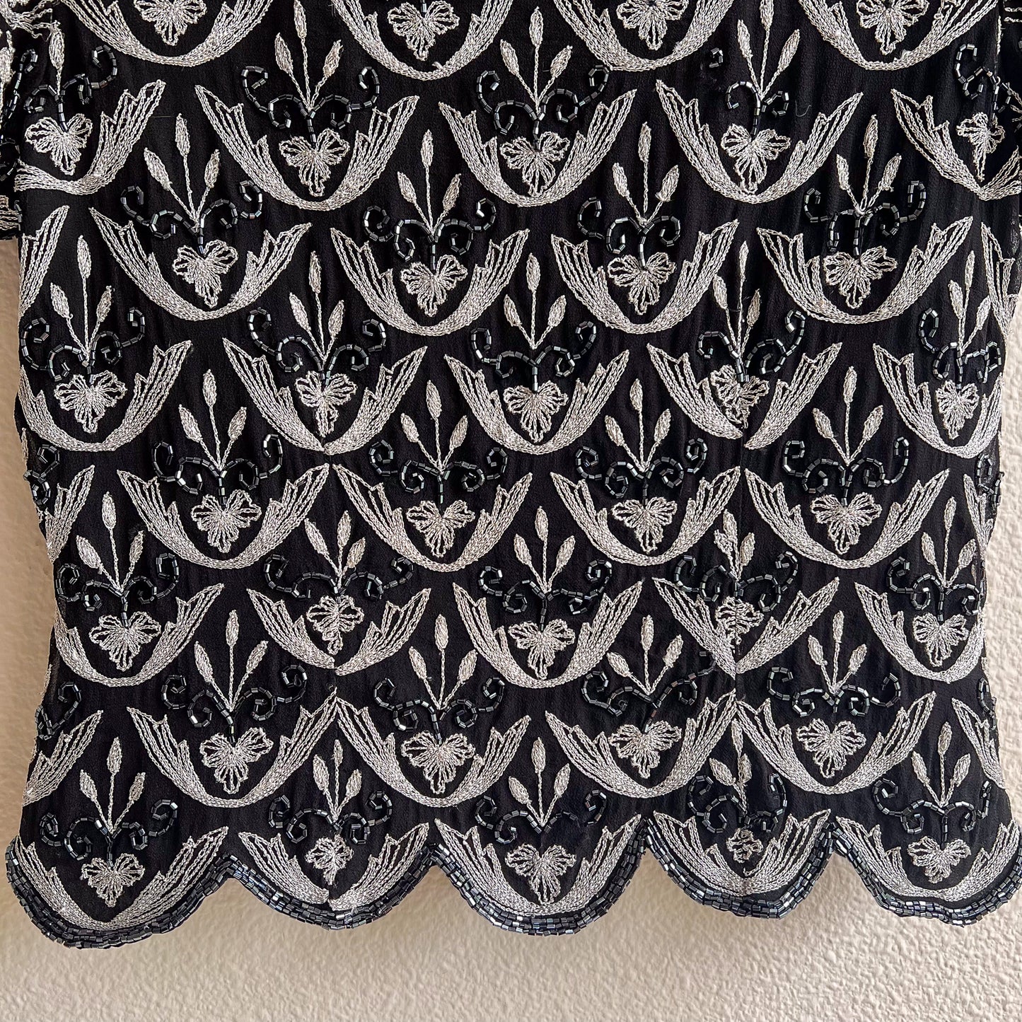 1990s Black Scalloped Blouse With Silver Embroidery (S)