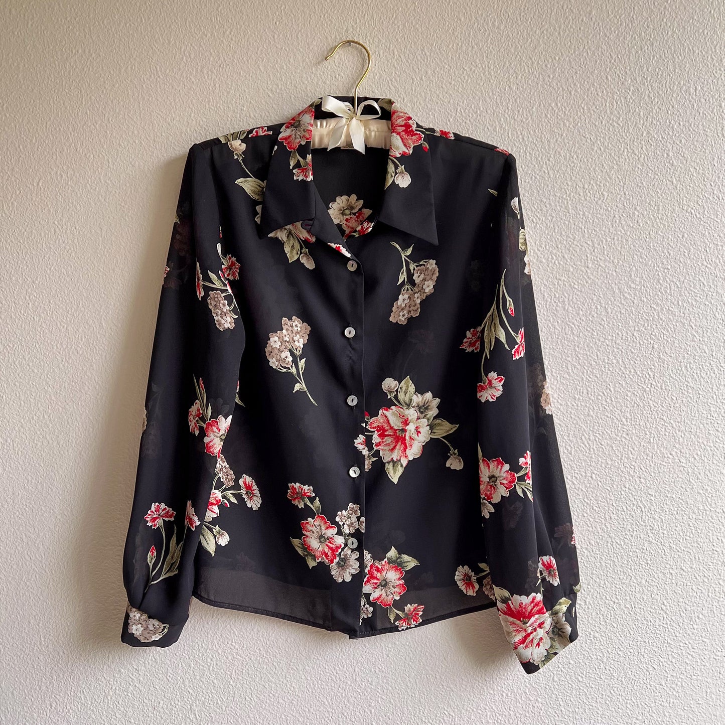 1990s Black Sheer Button Down With Red Florals (M/L)