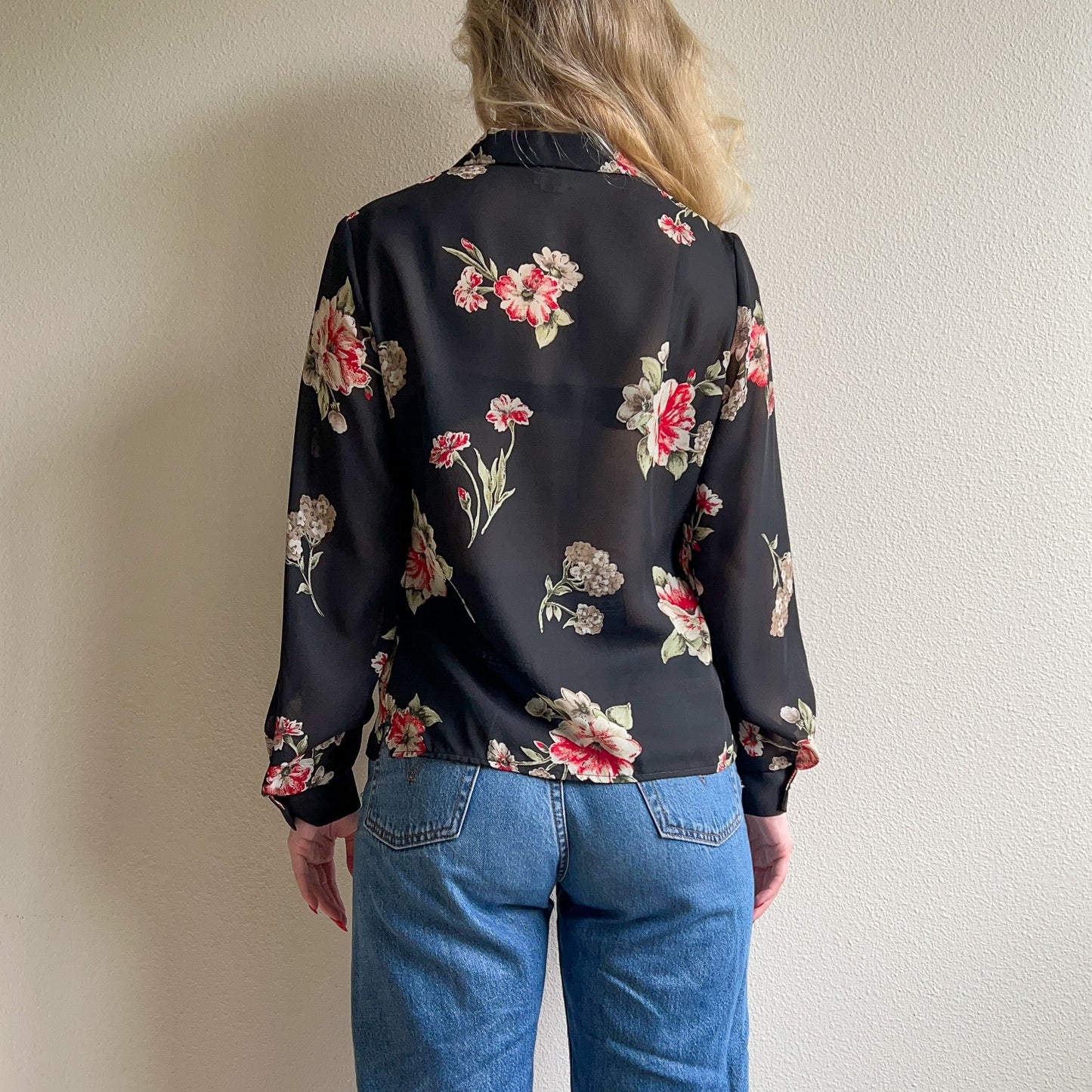 1990s Black Sheer Button Down With Red Florals (M/L)