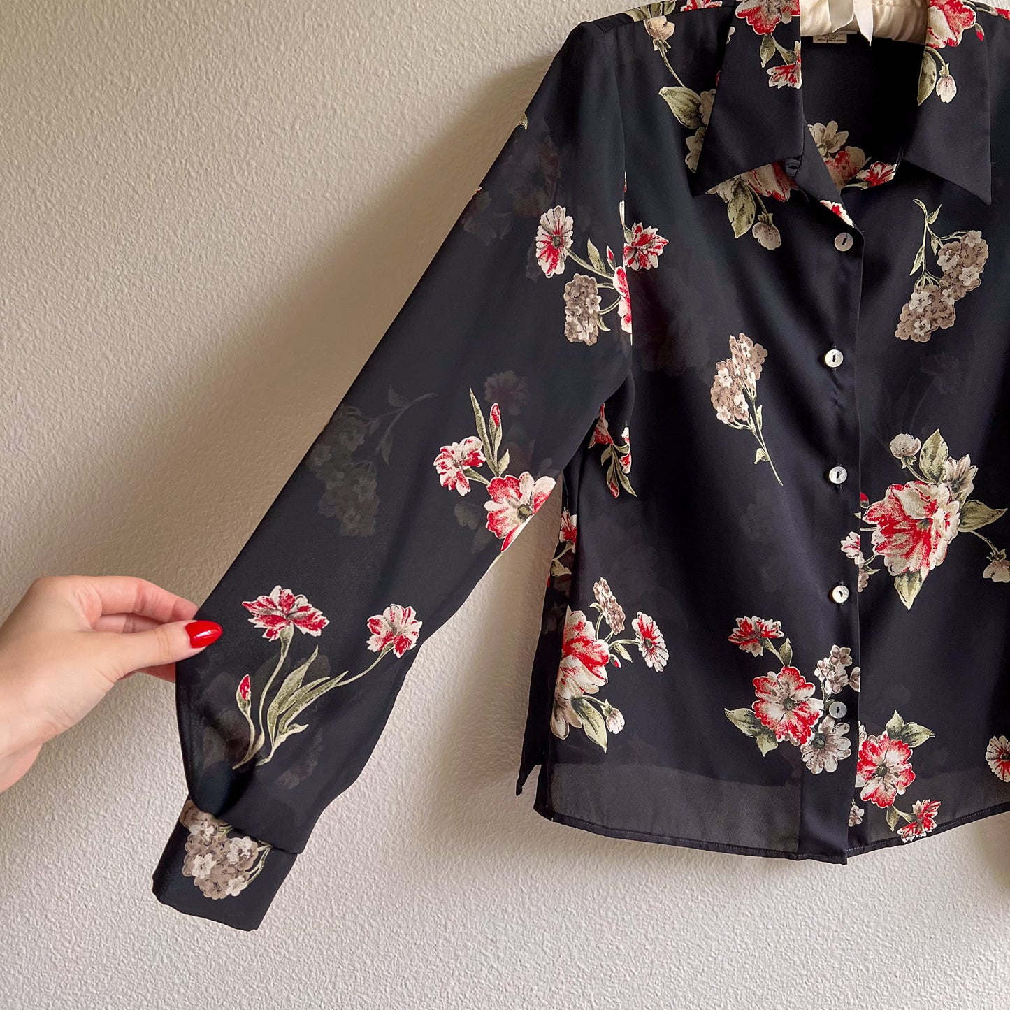 1990s Black Sheer Button Down With Red Florals (M/L)