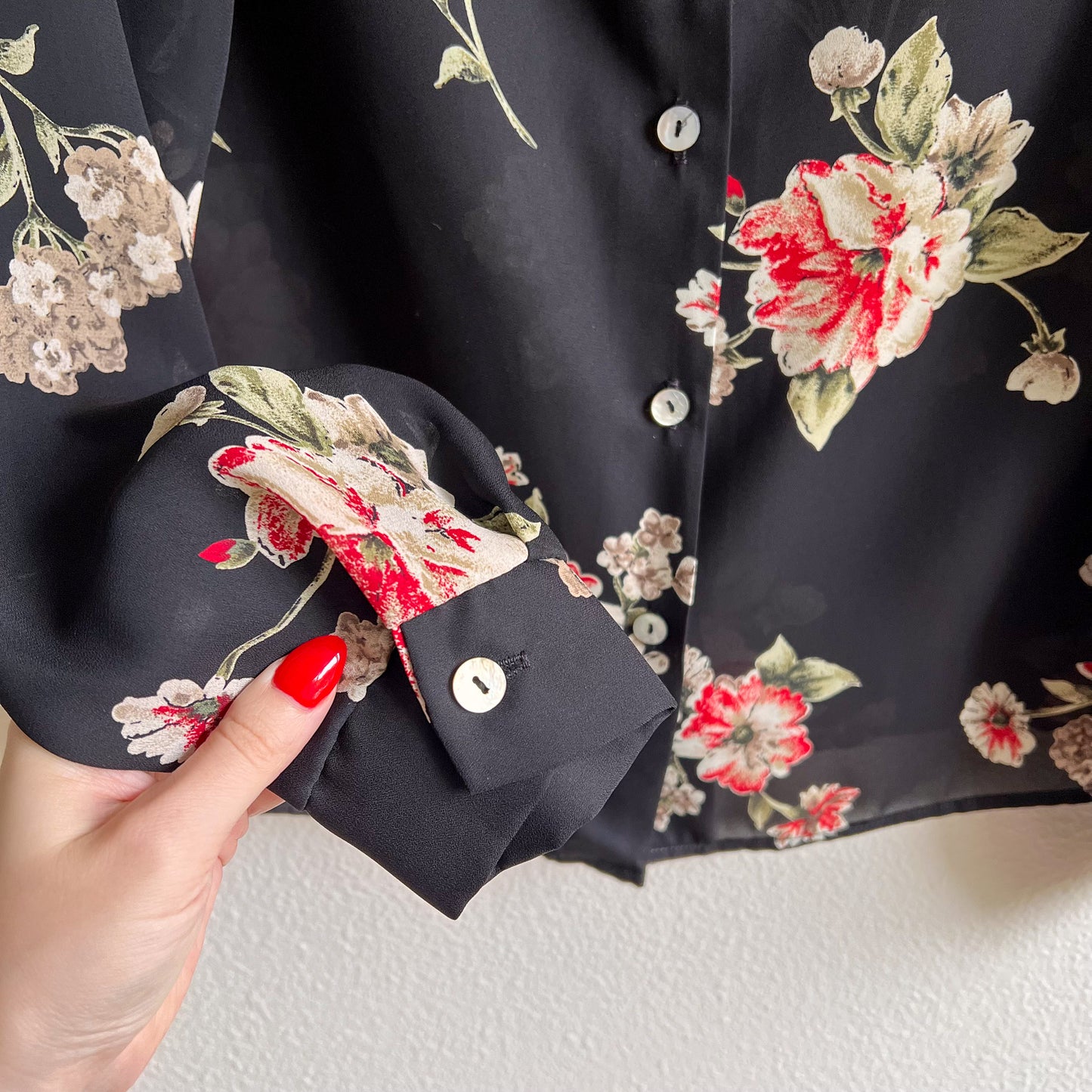 1990s Black Sheer Button Down With Red Florals (M/L)