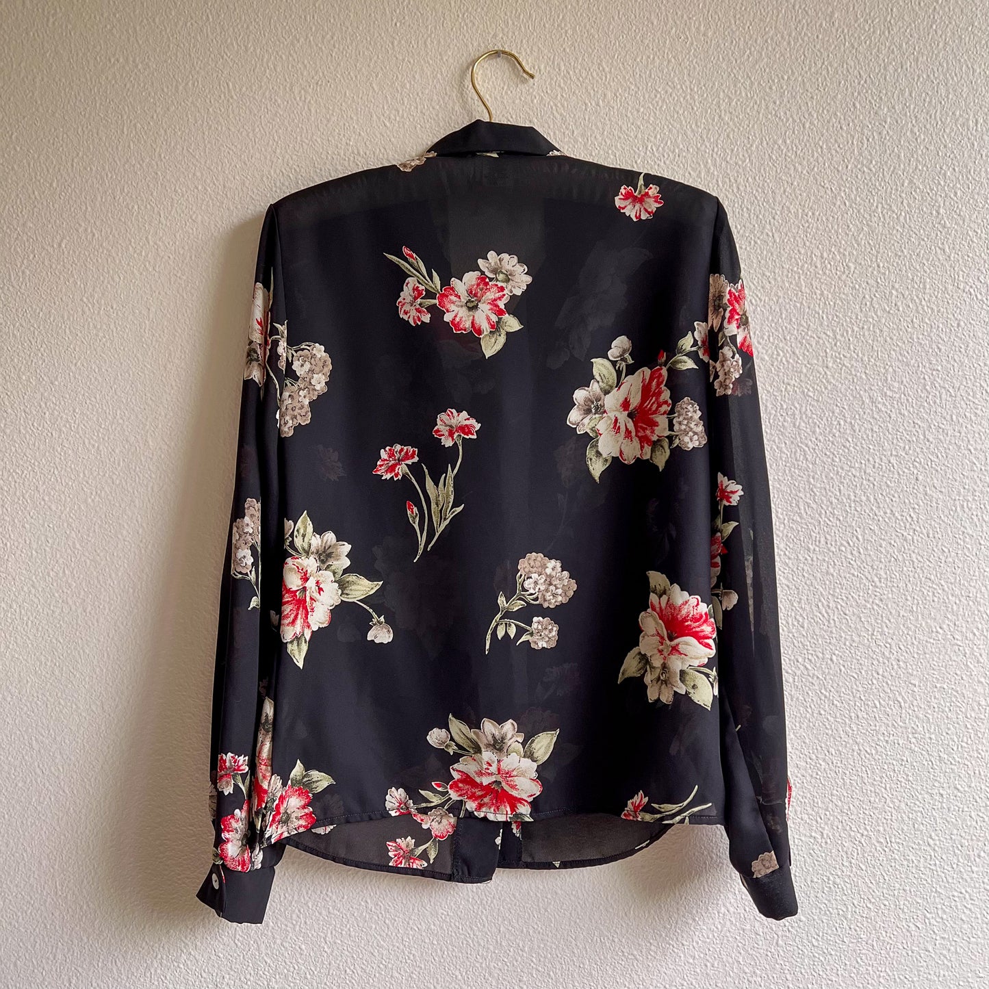 1990s Black Sheer Button Down With Red Florals (M/L)