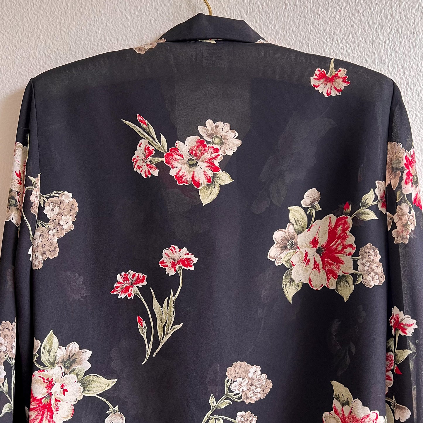1990s Black Sheer Button Down With Red Florals (M/L)