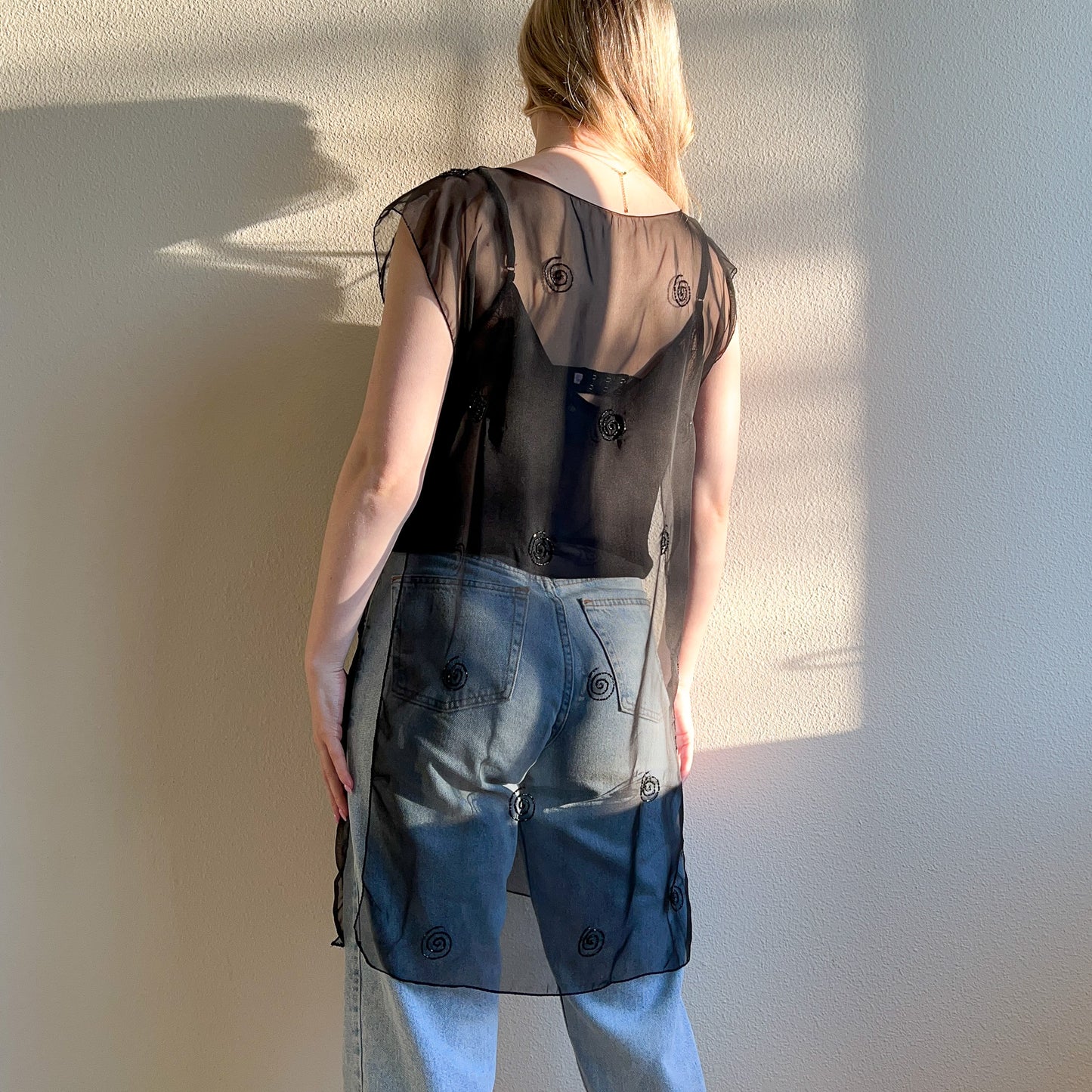 Sheer 1990s Black Chiffon Overlay With Beading (M)