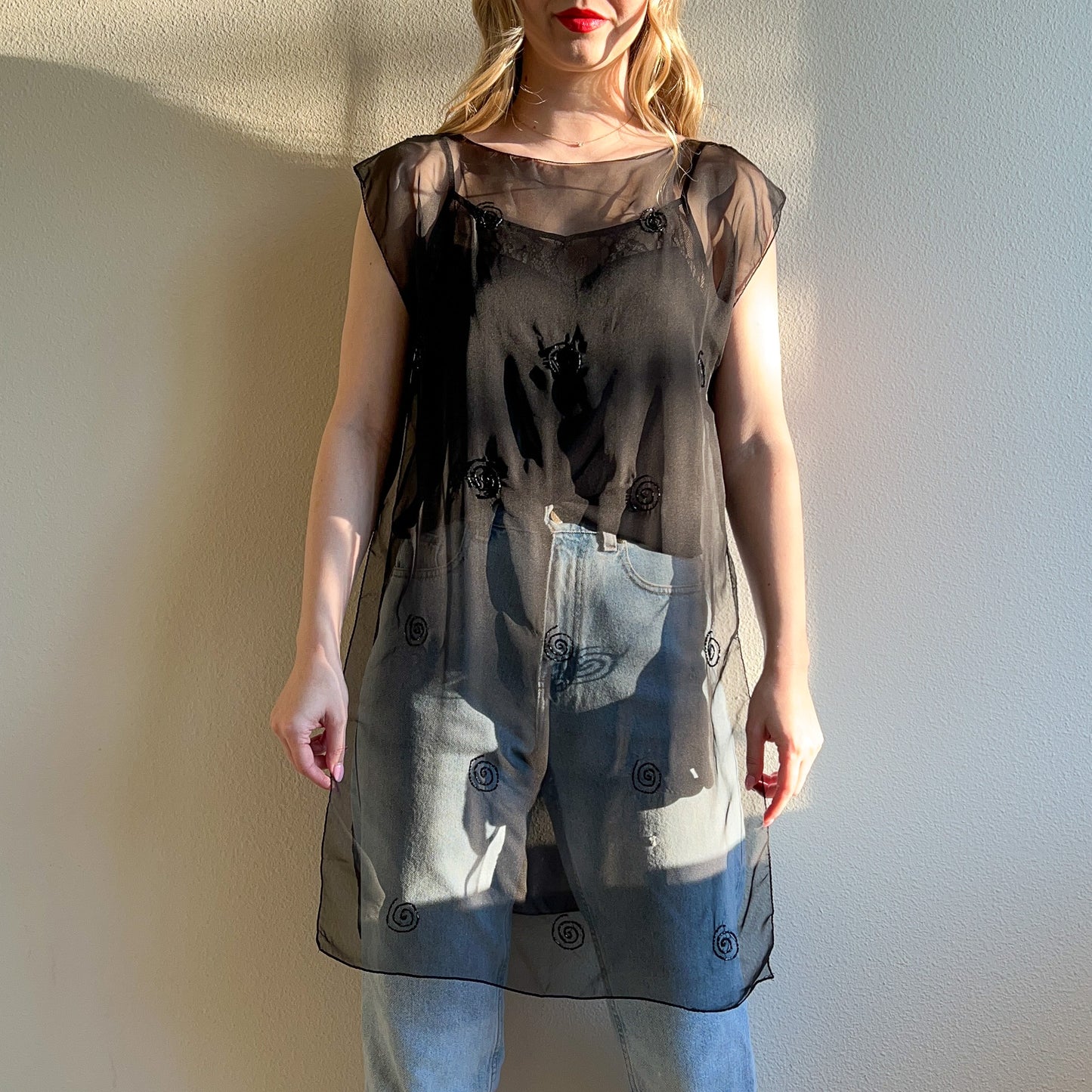 Sheer 1990s Black Chiffon Overlay With Beading (M)