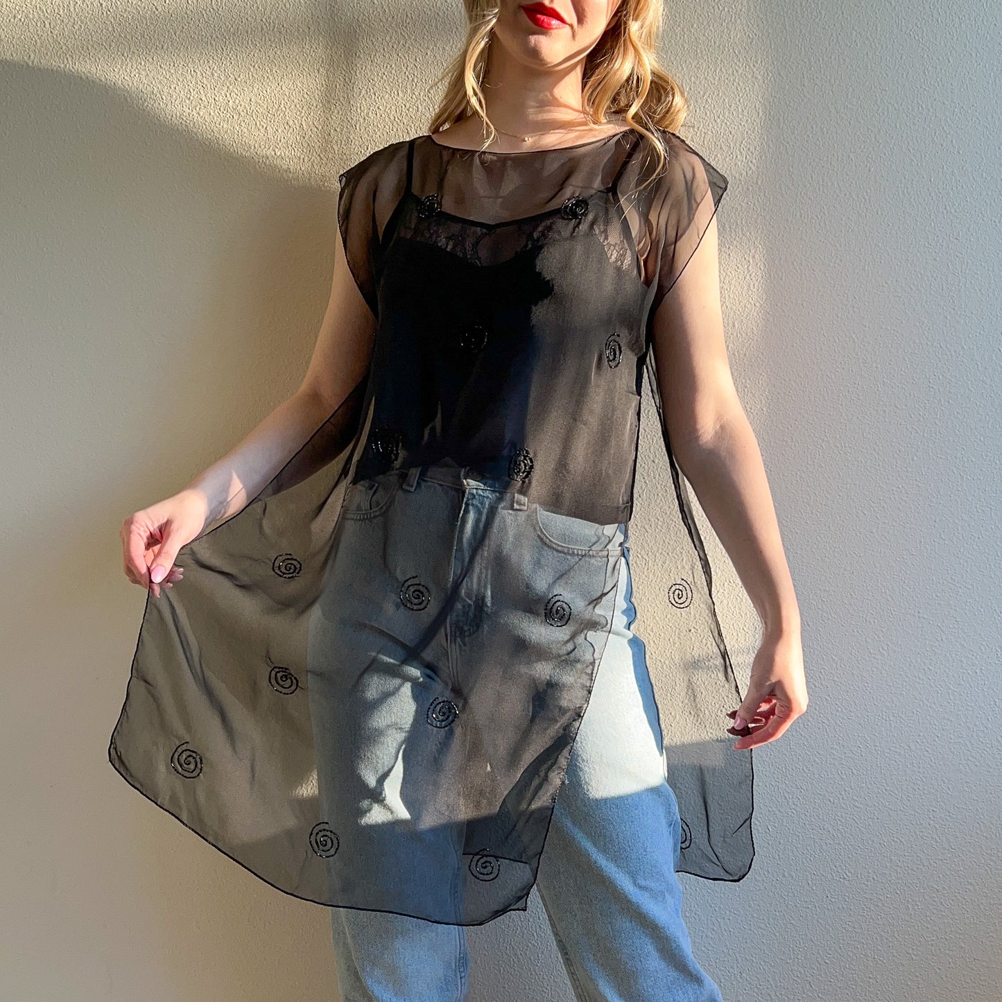 Sheer 1990s Black Chiffon Overlay With Beading (M)