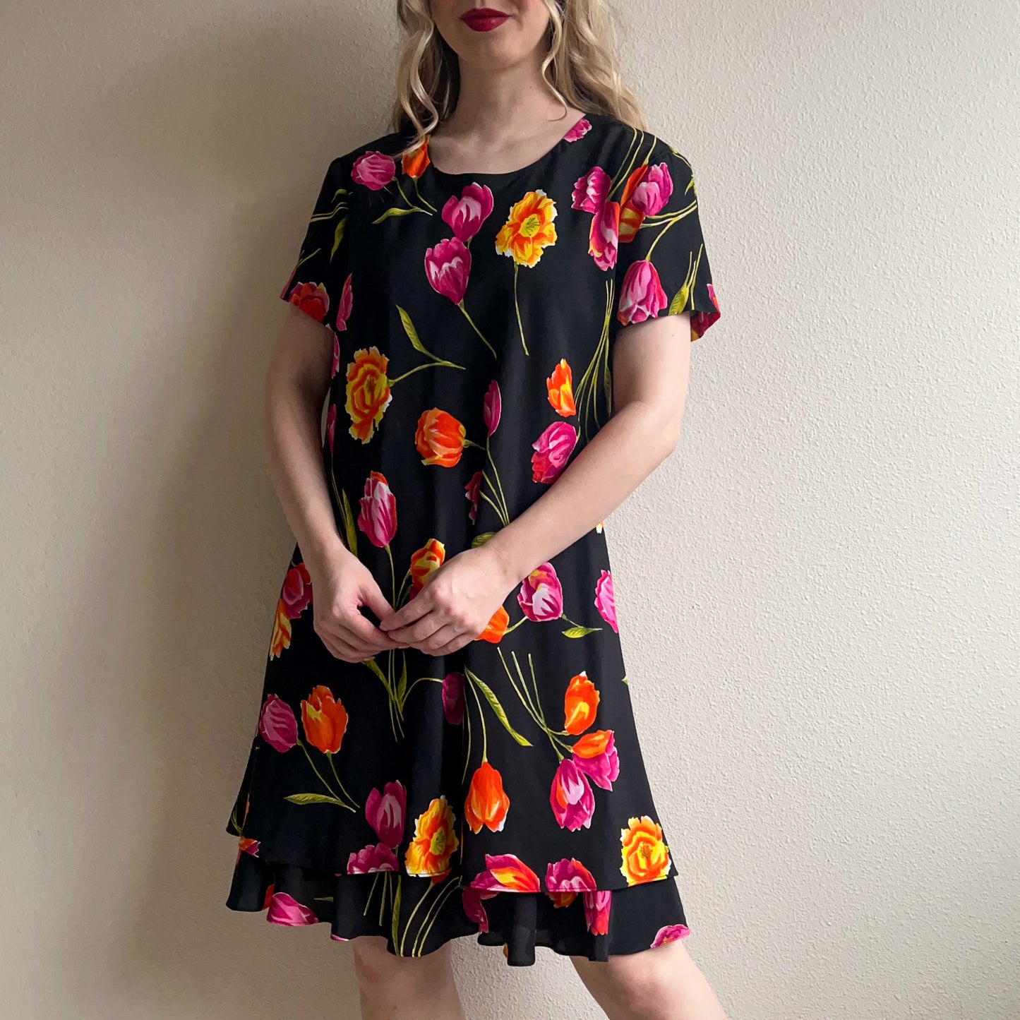 1990s Black Dress With Vibrant Tulip Print (L/XL)