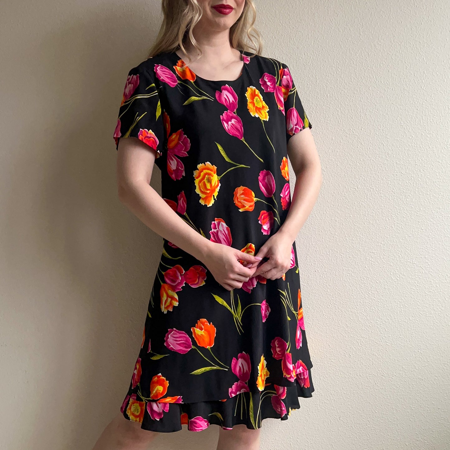 1990s Black Dress With Vibrant Tulip Print (L/XL)