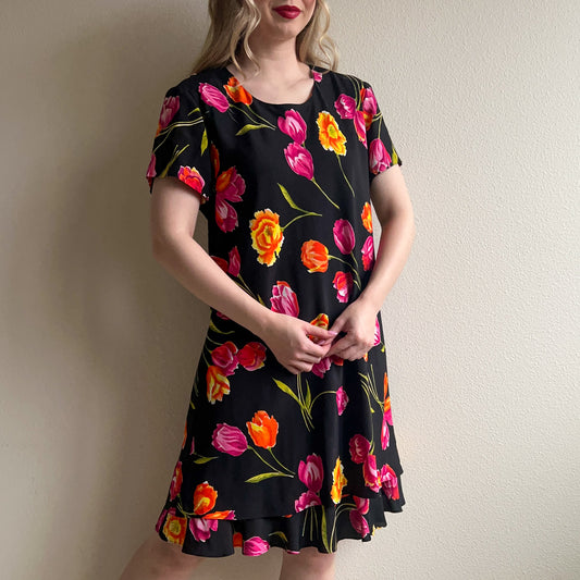 1990s Black Dress With Vibrant Tulip Print (L/XL)