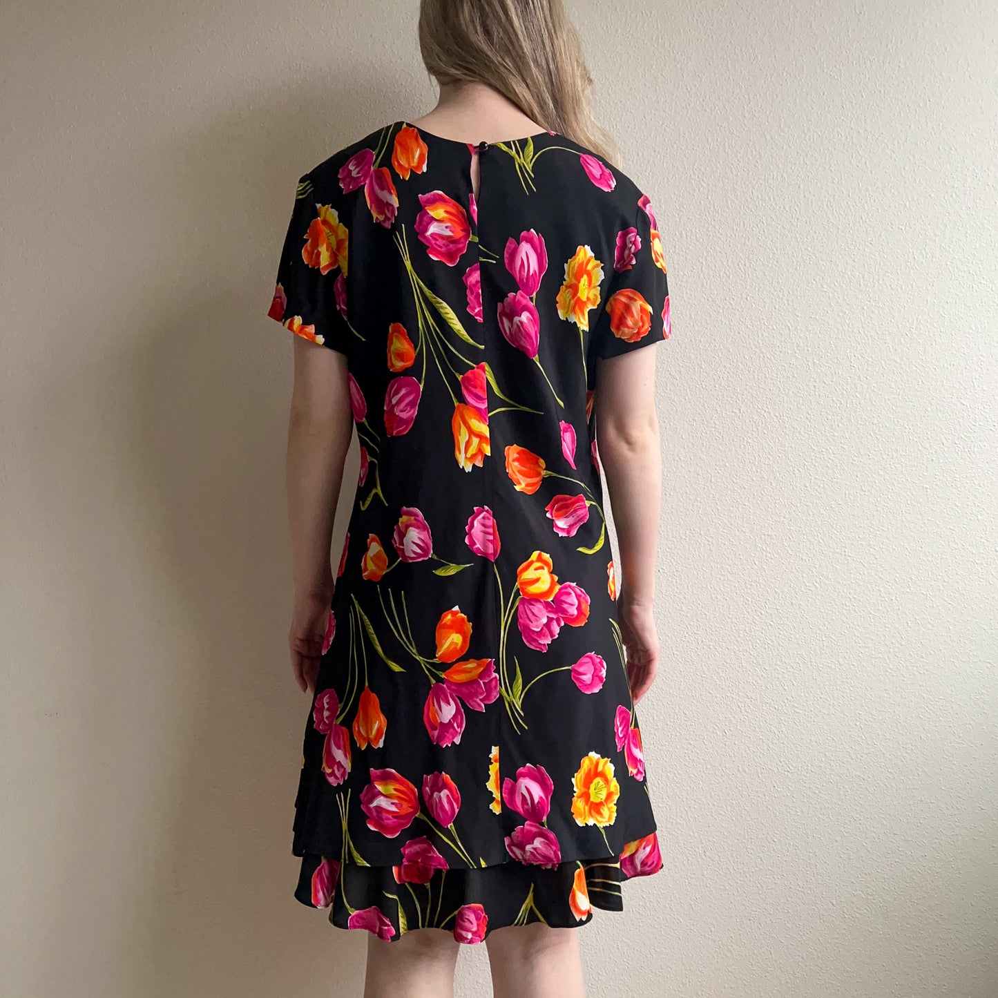 1990s Black Dress With Vibrant Tulip Print (L/XL)