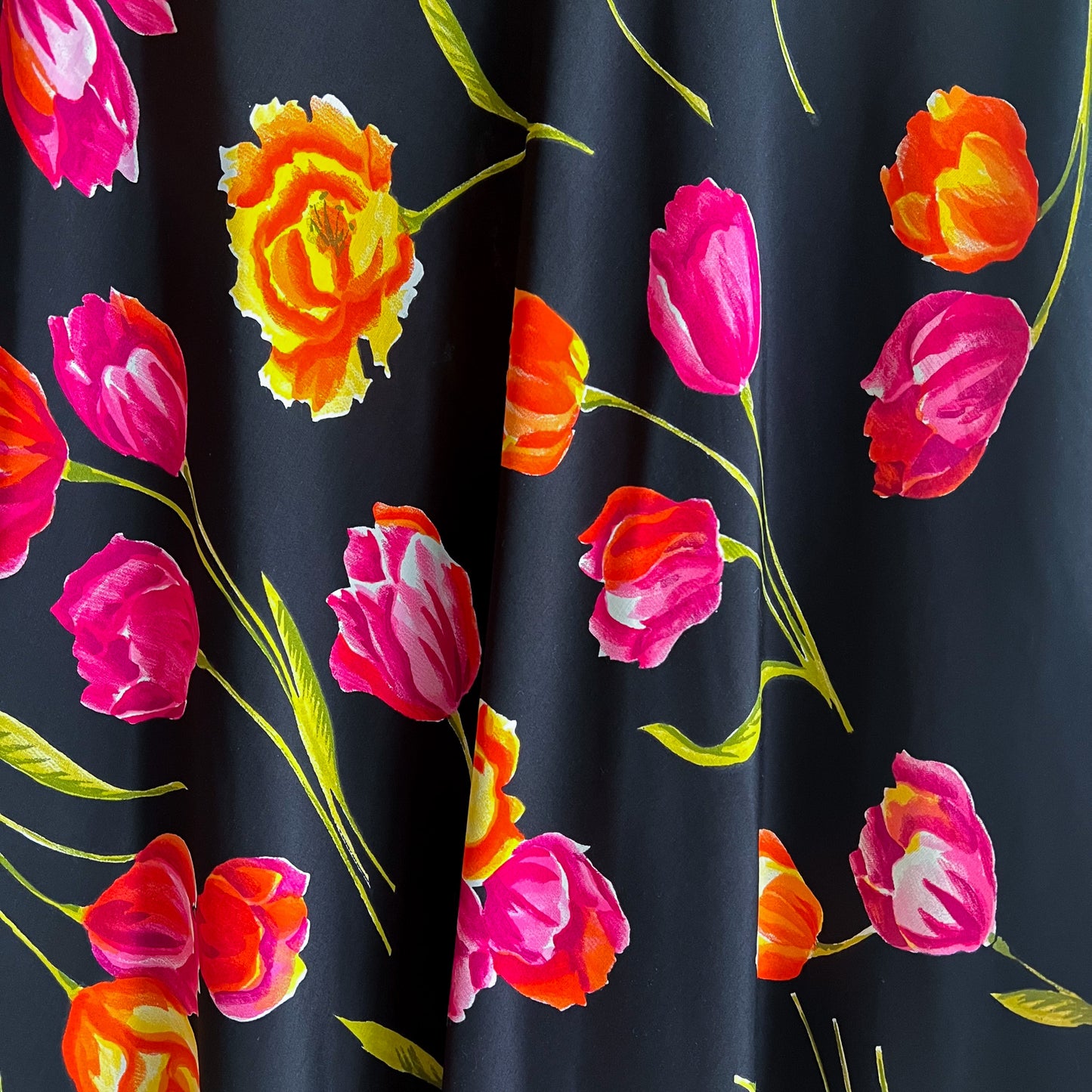 1990s Black Dress With Vibrant Tulip Print (L/XL)