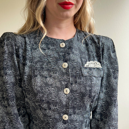 1990s Black and White Floral Buttoned Sheath Dress (M)