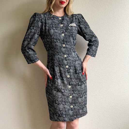 1990s Black and White Floral Buttoned Sheath Dress (M)
