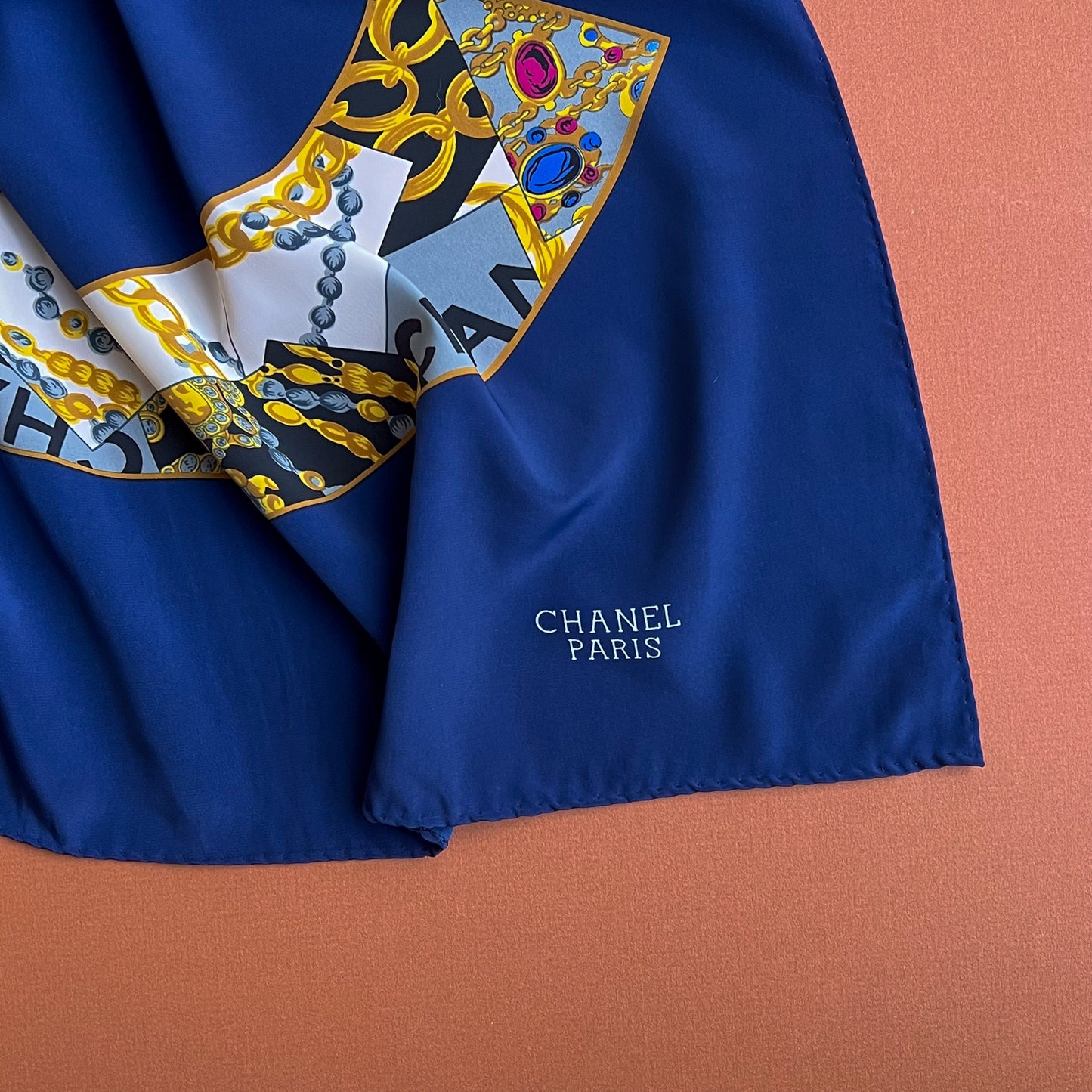 Fabulous 1990s Detailed Double C's Chanel Silk Scarf With Navy Background
