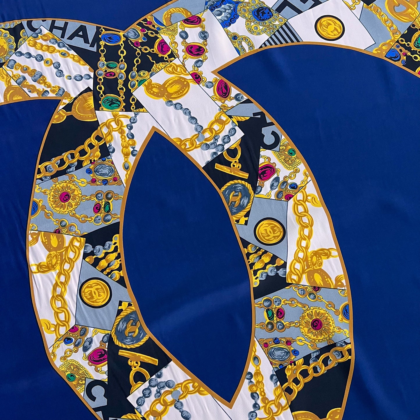 Fabulous 1990s Detailed Double C's Chanel Silk Scarf With Navy Background