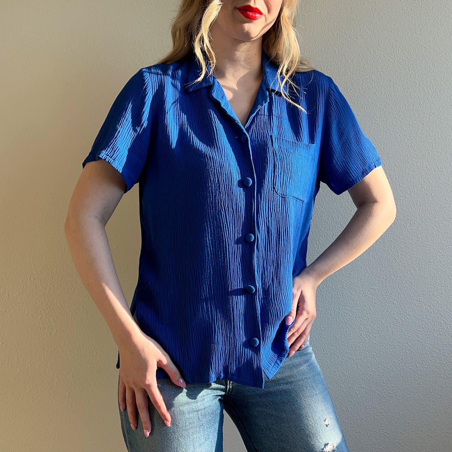 1990s Cobalt Blue Textured Button Down (S/M)