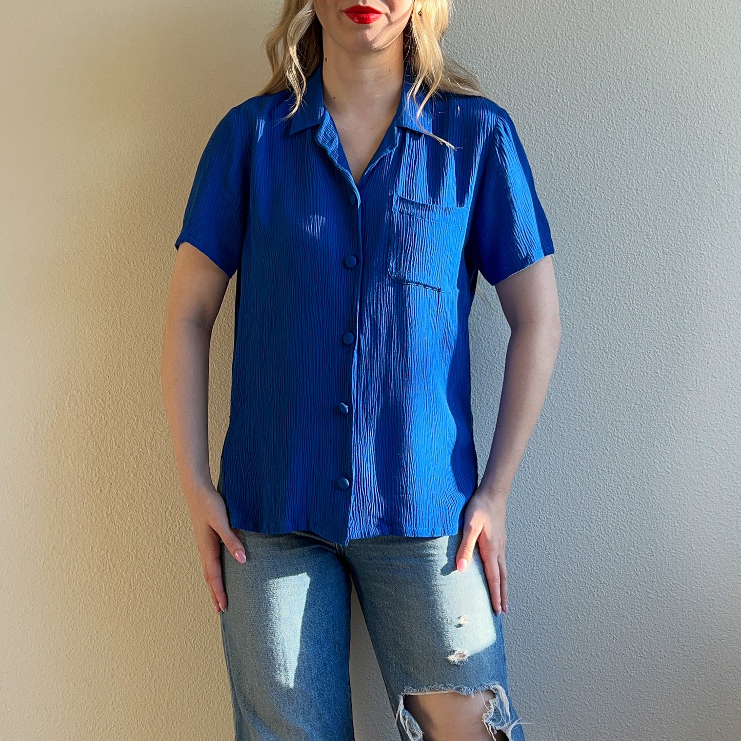 1990s Cobalt Blue Textured Button Down (S/M)