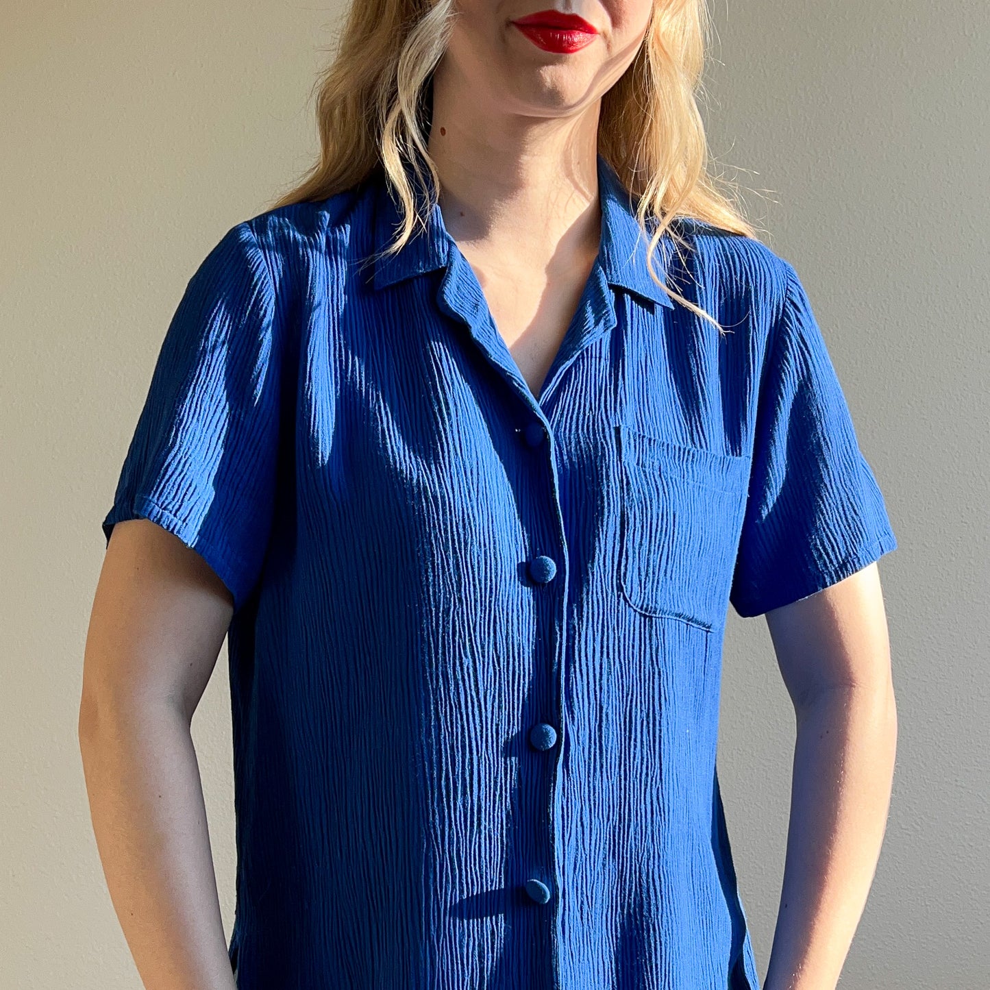 1990s Cobalt Blue Textured Button Down (S/M)
