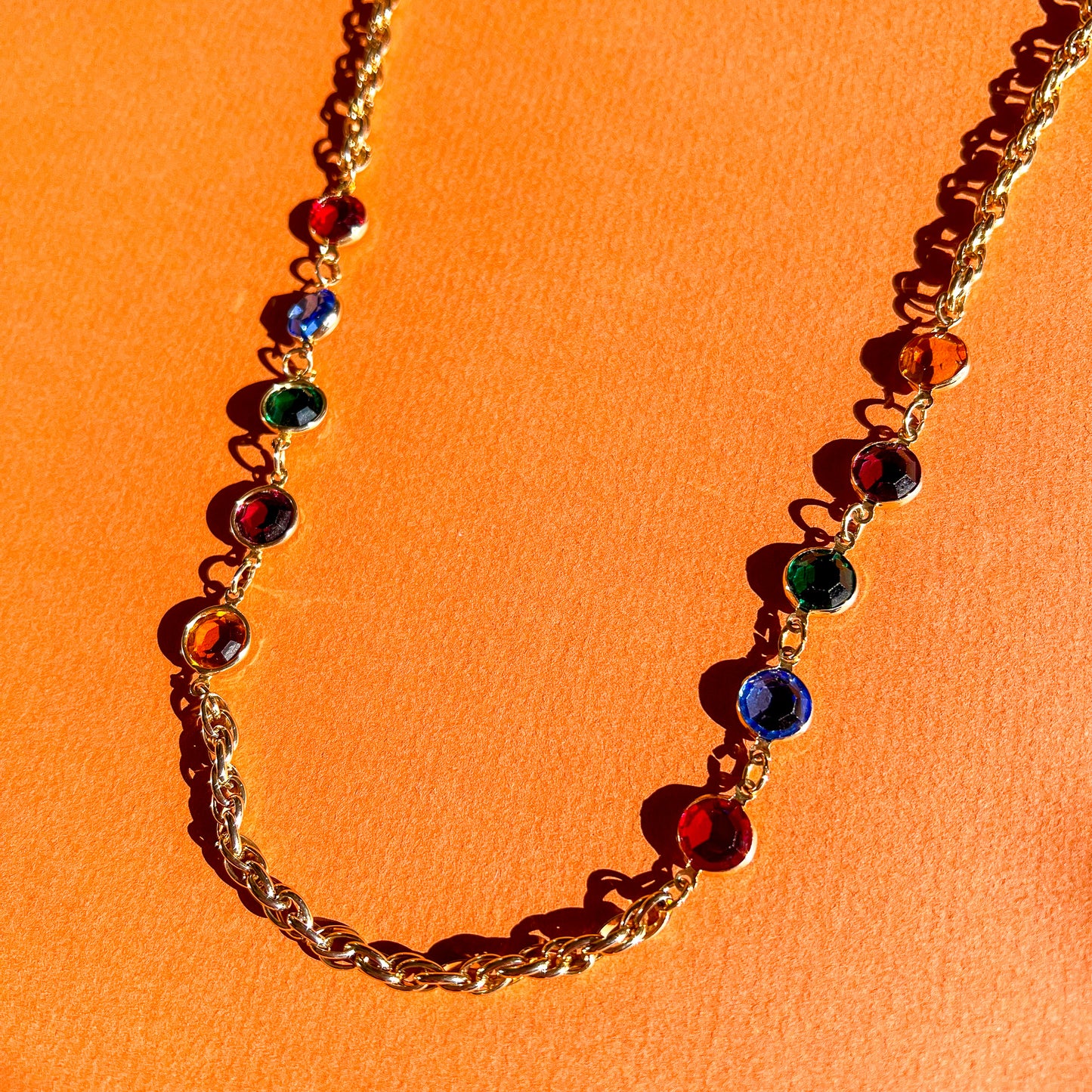 1990s Gold Chain Necklace With Colorful Gems