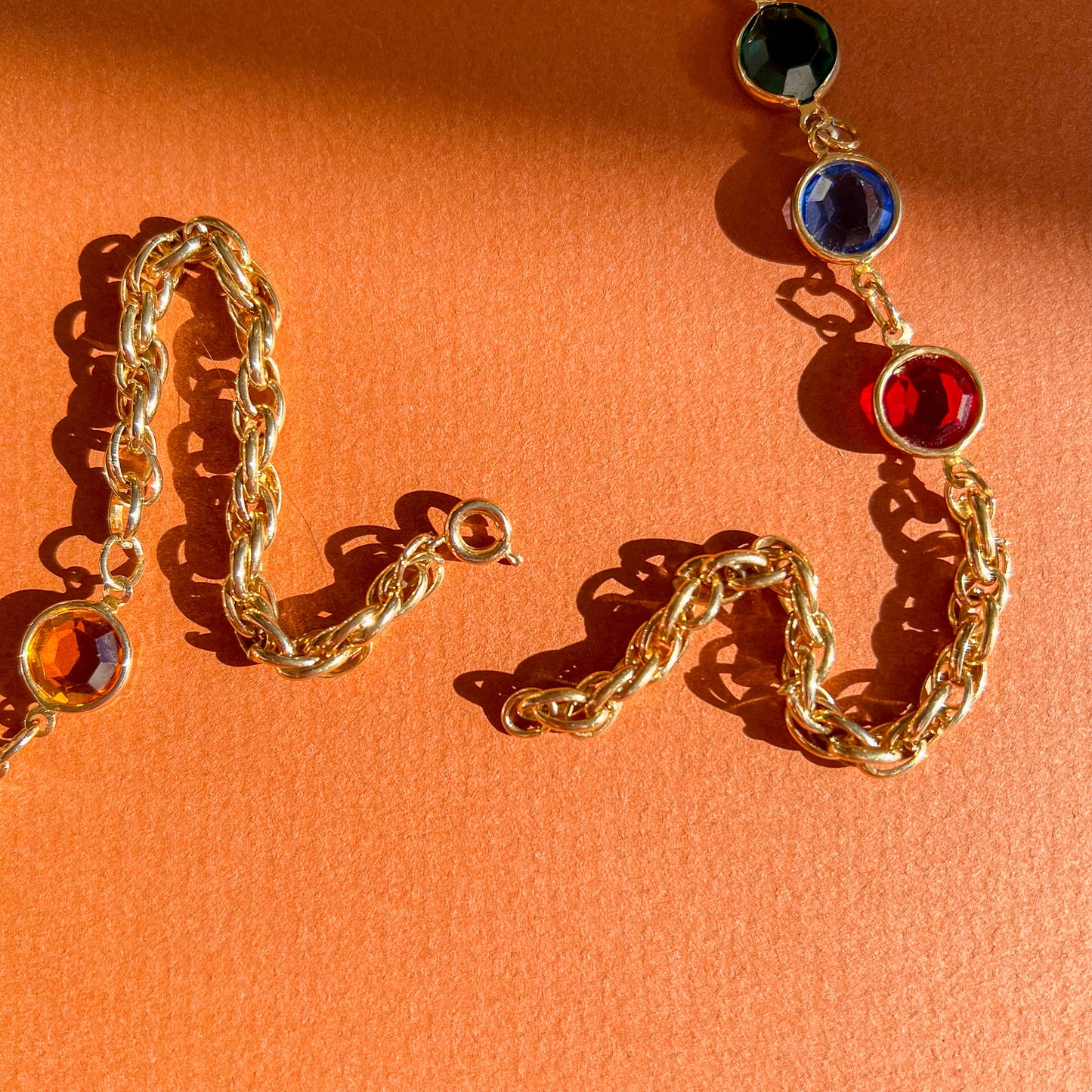 1990s Gold Chain Necklace With Colorful Gems