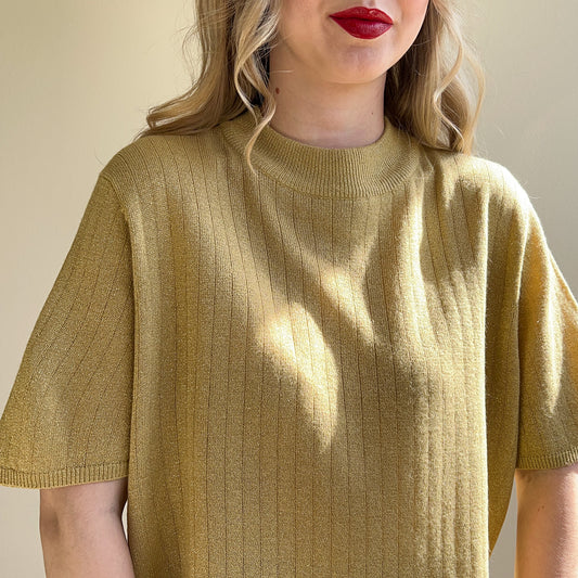 1990s Gold Rib Knit Short Sleeve Sweater (L/XL)