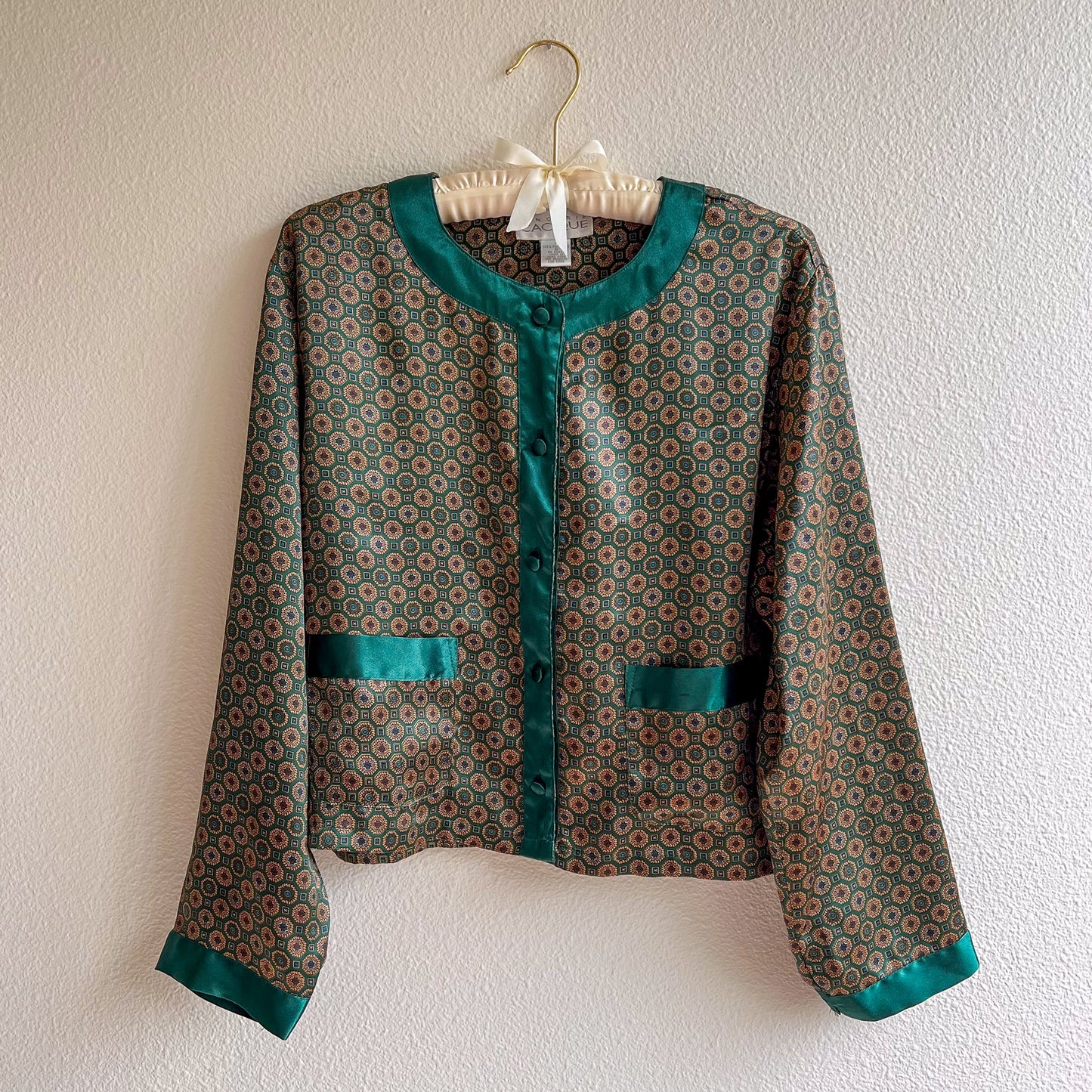 1990s Emerald Green Print Buttoned Blouse (S/M)