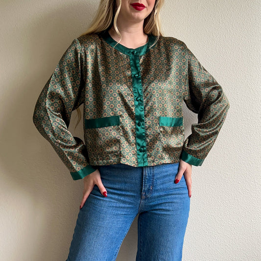 1990s Emerald Green Print Buttoned Blouse (S/M)