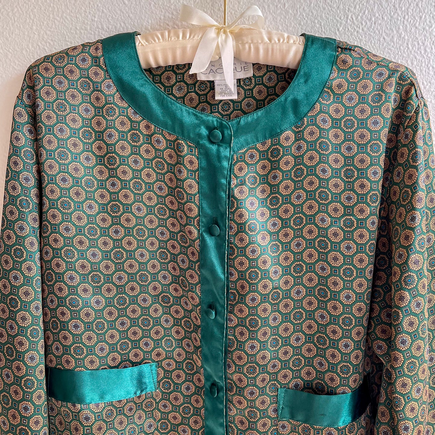 1990s Emerald Green Print Buttoned Blouse (S/M)