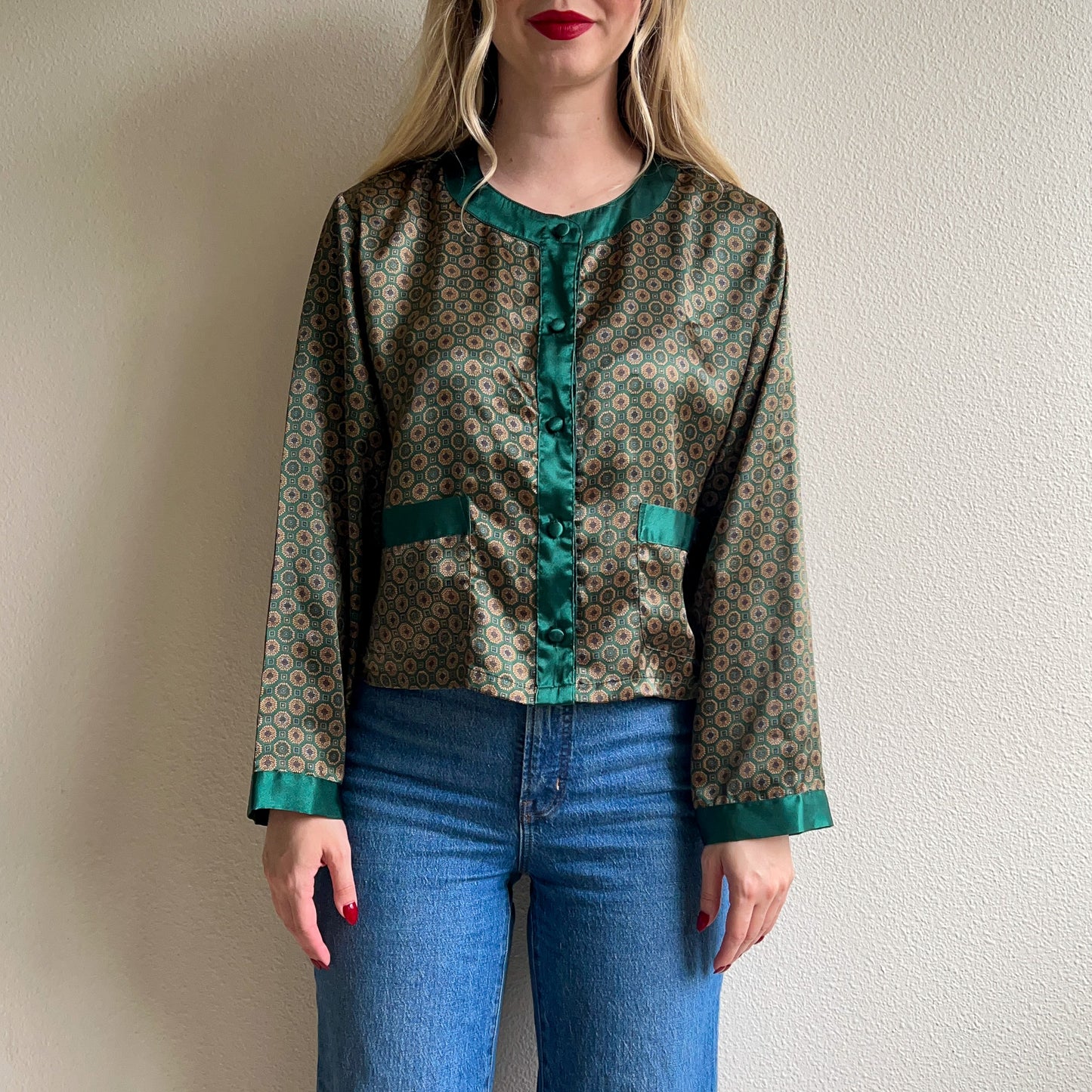 1990s Emerald Green Print Buttoned Blouse (S/M)
