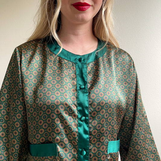 1990s Emerald Green Print Buttoned Blouse (S/M)