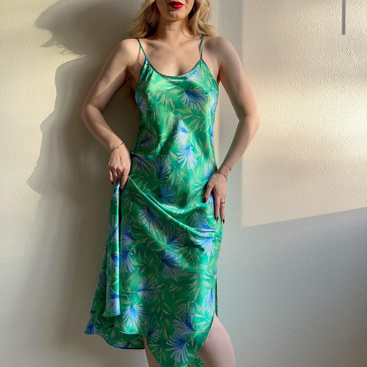 1990s Green Silky Slip Dress With Low Back (M/L)