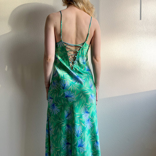 1990s Green Silky Slip Dress With Low Back (M/L)