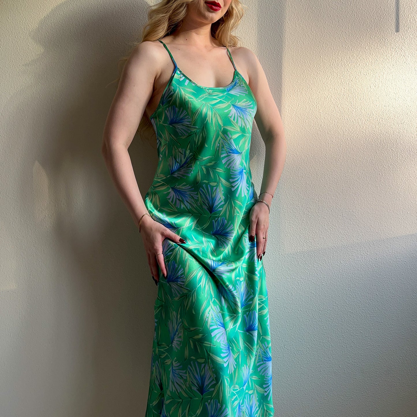 1990s Green Silky Slip Dress With Low Back (M/L)