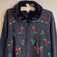 Adorable 1990s Holiday Embroidered Cardigan With Faux Fur Collar (L/XL)