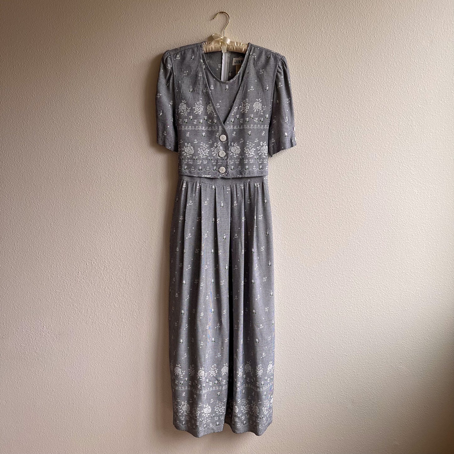 1990s Houndstooth Midi Dress With Faux Vest (L)